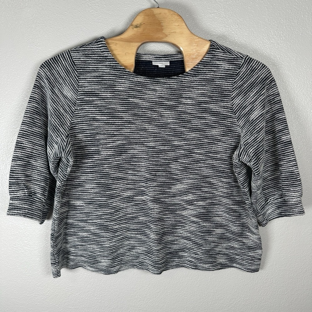 J Jill Cotton Striped 3/4 Puff Sleeve Pullover 2X Navy Blue White Knit Nautical